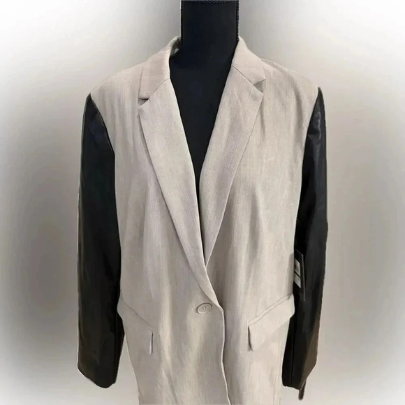 NEW- NWT! DKNY Mixed Media Faux Leather Sleeve Longline Jacket - Picture 5 of 7